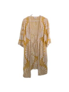 Sheer Yellow Lace Kimono Swim Cover Up Embroidered Floral Boho Festival Cardigan